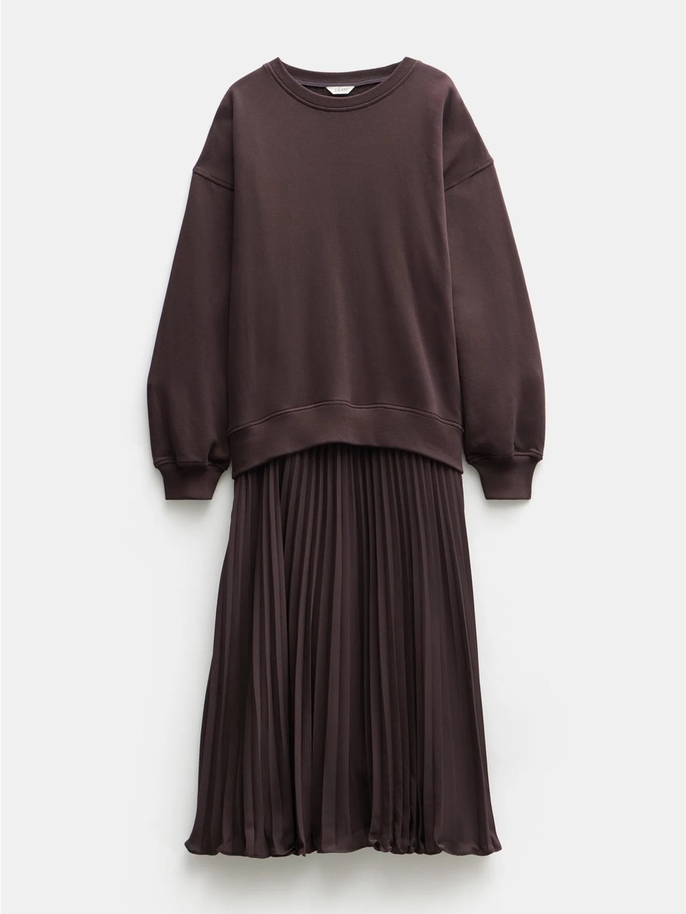 HUSH Gabriela Chocolate Brown Sweatshirt Pleated Midi Dress Size L Oversized